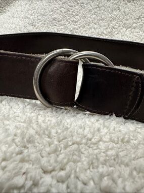 Thick Brown Cowhide Leather Belt, Silver Tone Double Ring  Belt, Made in USA, M